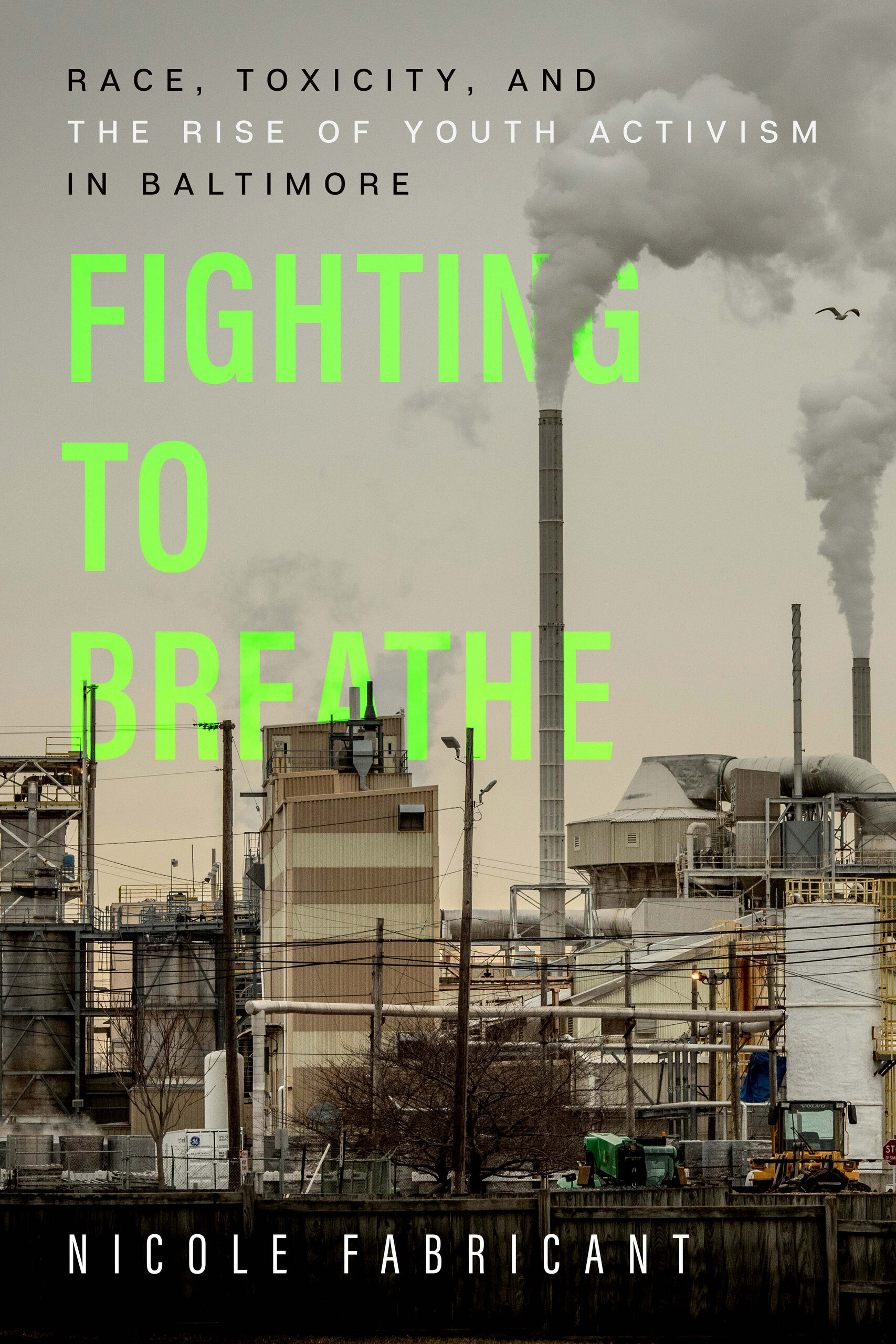 Cover of Fighting to Breathe by Nicole Fabricant, Factories with smoke billowing from smokestacks on a gray background